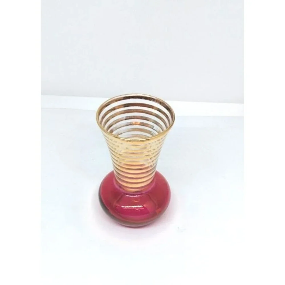 Vintage Bartlett Collins Atomic MCM Small Vase Red W/ Gold Stripes